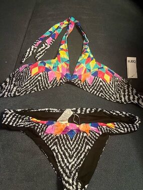 Bar III Black Multicolor Geometric Halter Bikini